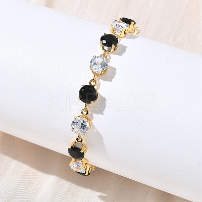 Round Brass & Cubic Zirconia & Glass Link Bracelets BJEW-D378-03G-1