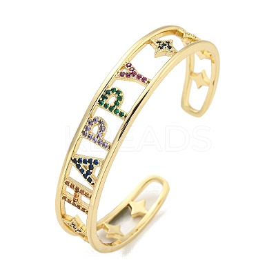 Word Happy Brass Micro Pave Colorful Cubic Zirconia Open Cuff Bangles for Women BJEW-Z062-21G-1