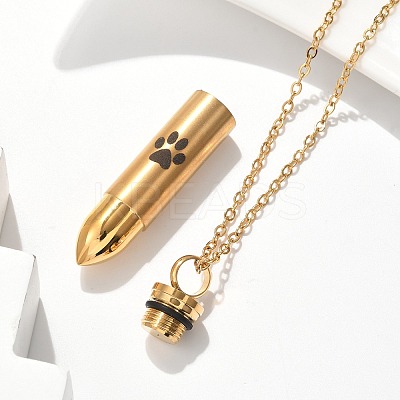 304 Stainless Steel Paw Print Bullet Shape Pet Memorial Keepsake Urn Ashes Pendant Necklaces NJEW-P326-03G-1