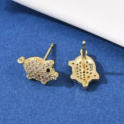Brass Micro Pave Clear Cubic Zirconia Pig Stud Earrings EJEW-F400-07G-1