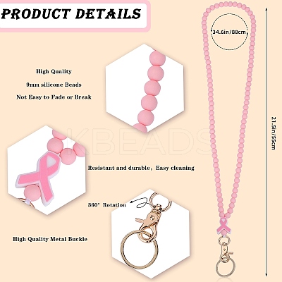 1Pc Breast Awareness Ribbon & Round Beaded Silicone ID Card Neck Strap Card Holders NJEW-SW00026-02-1