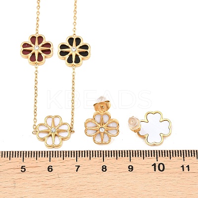 304 Stainless Steel with Resin Flower Link Chain Necklaces & Stud Earrings SJEW-Z005-02G-03-1
