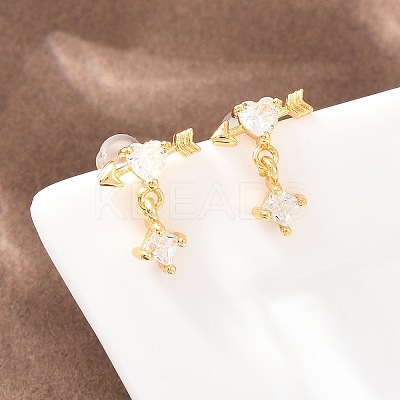 Heart Brass Micro Pave Clear Cubic Zirconia Dangle Stud Earrings EJEW-A150-02G-1