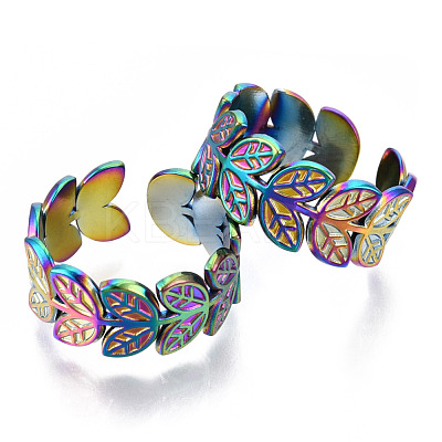 304 Stainless Steel Leaf Cuff Rings RJEW-N038-110M-1