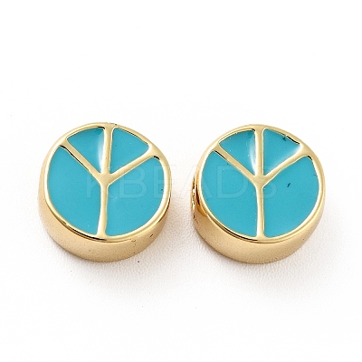 Flat Round with Peace Sign Brass Enamel Beads KK-G419-05G-06-1