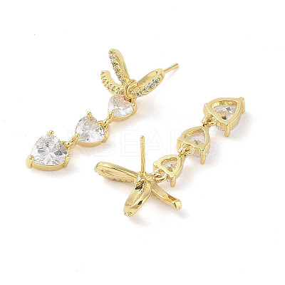 Triple Heart Brass Micro Pave Clear Cubic Zirconia Dangle Earrings with Glass for Women EJEW-L285-008G-1