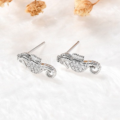 Sea Horse Brass Micro Pave Cubic Zirconia Ear Studs EJEW-D304-38P-1