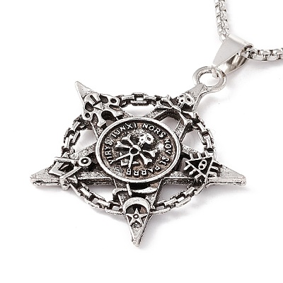 Alloy Star with Skull Pendant Necklace with 201 Stainless Steel Chains for Men Women NJEW-E016-14AS-1