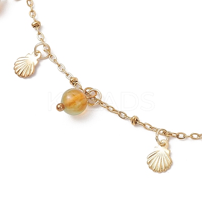 Dyed Natural Banded Agate Round & 304 Stainless Steel Shell Shape Tassel Anklets for Women AJEW-AN00702-03-1