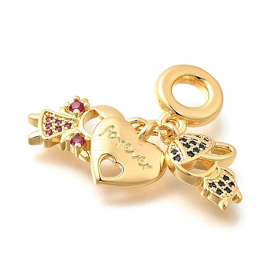 Brass Cubic Zirconia Boy & Heart & Girl European Dangle Charms KK-U048-24G-1