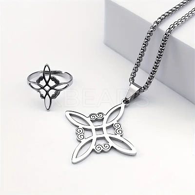 Witches Knot 304 Stainless Steel Pendant Necklaces & Hoop Earrings & Rings Sets FS-WGFB126-01-1