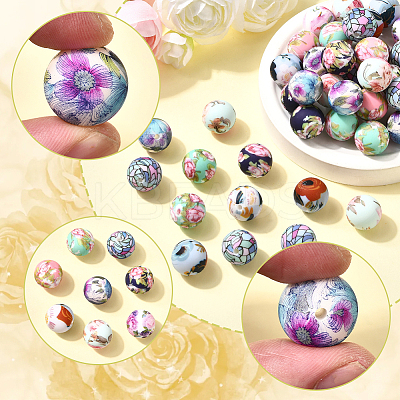 64Pcs 8 Colors Printed Round Silicone Focal Beads SIL-SC0002-88-1