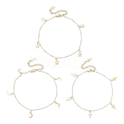 3Pcs 3 Styles Round ABS Imitation Pearl Beads & 304 Stainless Steel Link Chain Moon Star Cross Tassel Anklets for Women AJEW-AN00738-1