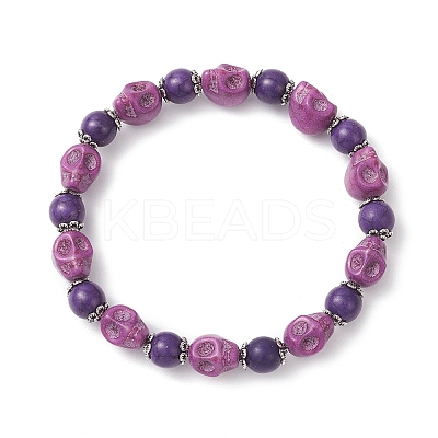 Halloween Dyed Synthetic Turquoise Skull & Round Beaded Stretch Bracelets for Men Women BJEW-JB12255-03-1