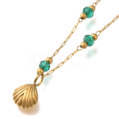 Ion Plating(IP) 304 Stainless Steel & Glass Paperclip Chain Beach Shell Shaped Pendant Necklaces for Women X-NJEW-H037-01G-1