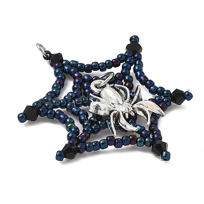 Halloween Theme Spider Web Glass Seed Beads Pendants PALLOY-MZ00779-02-1