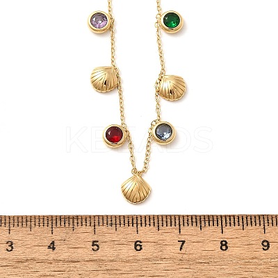 304 Stainless Steel Colorful Cubic Zirconia Flat Round & Shell Shaped Bib Necklaces for Women NJEW-U031-08G-01-1