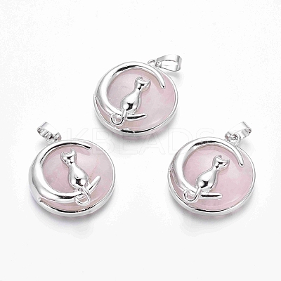 Natural Rose Quartz Kitten Pendants G-J386-B09-1