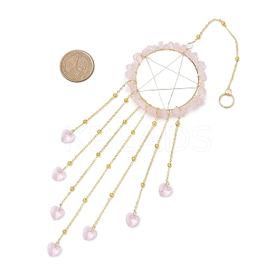Wire Wrapped Natural Rose Quartz Chips Ring Hanging Ornaments HJEW-JM02371-02-1