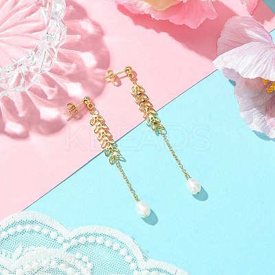 Natural Cultured Freshwater Pearl Beads & Brass Dangle Stud Earrings for Women EJEW-TA00555-1