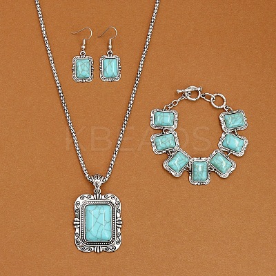 Rectangle Alloy with Synthetic Turquoise Pendant Necklaces & Dangle Earrings & Link Bracelets Sets WGD1135-14-1