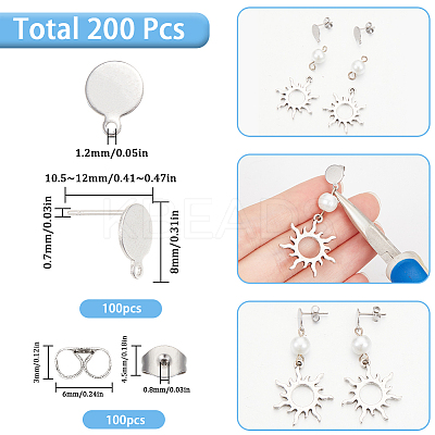 100Pcs Flat Round Shape 304 Stainless Steel Stud Earring Findings STAS-SC0008-60-1