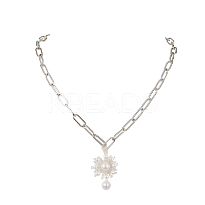 Flower Glass Seed Bead & Shell Pearl Pendant Necklaces NJEW-JN04740-1