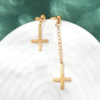 Christian Upside Down Cross 201 Stainless Steel Dangle Stud Earrings LS-EJEW-P314-01C-G-1