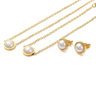 Flat Round Plastic Imitation Pearl Pendant Necklaces & Bracelets & Stud Earrings Sets SJEW-C004-02G-1