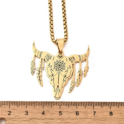 Punk Style 201 Stainless Steel Laser Cut Cattle Head Pendant Box Chain Necklaces for Women Men NJEW-E156-04G-1