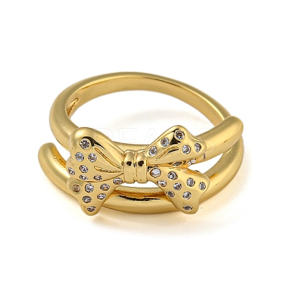 Bowknot Brass Micro Pave Clear Cubic Zirconia Double Rings RJEW-Z050-26G-1