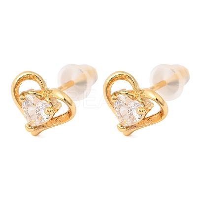 Brass Micro Pave Clear Cubic Zirconia Heart Stud Earrings EJEW-C158-07G-1