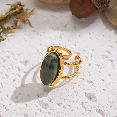 304 Stainless Steel with Natural Gemstone Cuff Open Rings for Women LS-FS3382-1