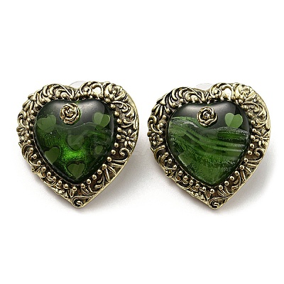 Glass Heart with Rose Stud Earrings LS-EJEW-F323-01AG-1