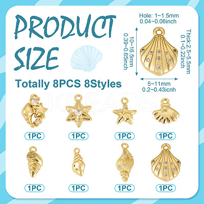 8Pcs 8 Styles Ocean Theme Brass Micro Pave Cubic Zirconia Pendants KK-TA0003-32-1