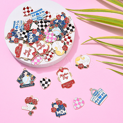 36Pcs 9 Styles Mother's Day Alloy Enamel Pendants ENAM-YW0005-73B-1