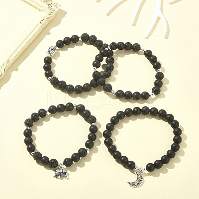 4Pcs 4 Style Natural Lava Rock & Black Agate & Hematite Beaded Stretch Bracelets Set BJEW-JB09508-1