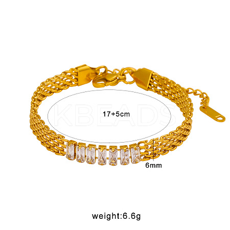 304 Stainless Steel Pave Rectangle Clear Cubic Zirconia Mesh Chain Bracelets for Women WGF3F06-01-1
