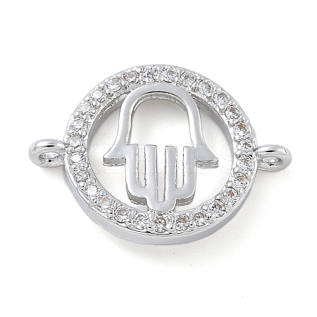Rack Plating Brass Micro Pave Clear Cubic Zirconia Flat Round with Hamsa Hand Connector Charms KK-A234-039P-1