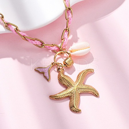 Starfish & Mermaid Tail Shape 304 Stainless Steel Enamel Pendant Necklaces NJEW-L465-08G-1