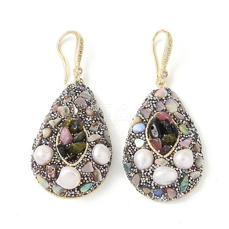Natural Pearl & Rhinestone Dangle Earrings EJEW-L286-14G-1