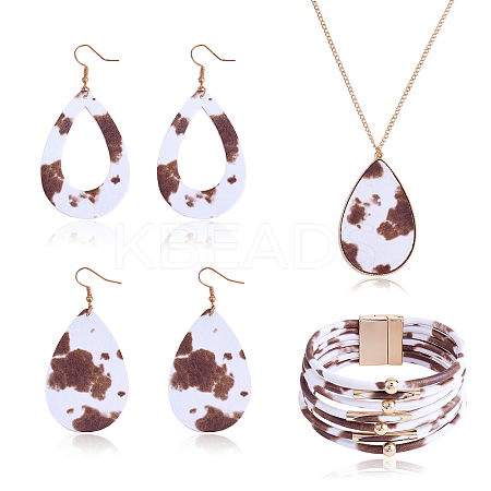 Cow Print Imitation Leather Teardrop Pendant Necklace & Dangle Earrings & Multi-Strand Bracelet JX529J-1