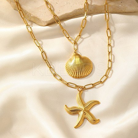 Bohemian Styles 304 Stainless Steel Starfish and Shell Shape Pendant Double Layer Necklaces for Women LS-NJEW-F343-01G-1