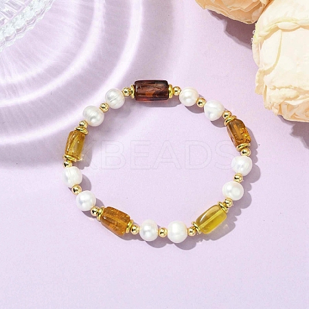 Natural Cultured Freshwater Pearl & Amber  Beads Stretch Bracelets for Women BJEW-JB13606-1