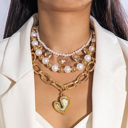 CCB Plastic Heart Pendant Alloy & Plastic Pearl Beaded 3 Layered Necklaces for Women FS-WG4655B-26-1