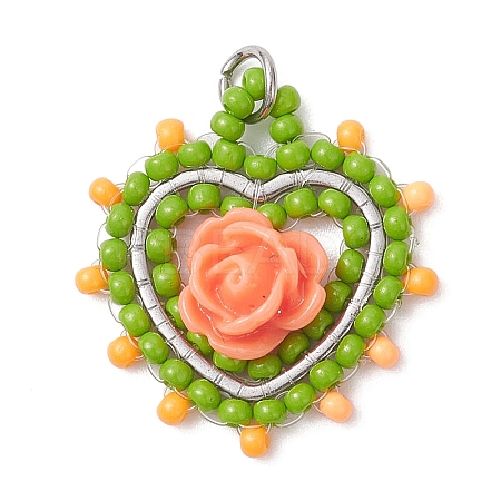 Glass Seed Beaded Heart with Rose Pendants PALLOY-MZ01030-03-1