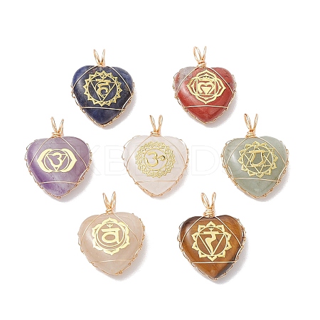 7Pcs 7 Styles Chakra Natural Tiger Eye & Sodalite & Red Jasper & Quartz Crystal & Green Aventurine & Amethyst & Red Aventurine Copper Wire Wrapped Heart Pendants PALLOY-JF03044-1