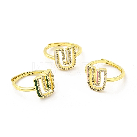 Mixed Color Enamel Initial Letter Adjustable Ring with Clear Cubic Zirconia RJEW-P045-01G-U-1