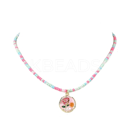 Flower Alloy Enamel Pendant Glass Seed Beaded Necklaces for Women NJEW-JN05550-02-1