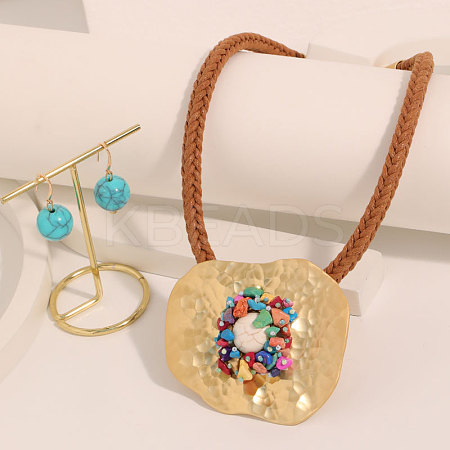 Irregular Flat Round Alloy & Synthetic Turquoise Chips Pendant Necklaces & Round Bead Dangle Earrings Sets FS-WGD0E4F-01-1